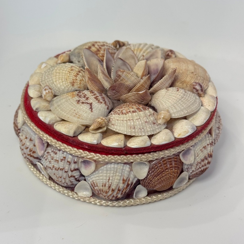 Vintage Seashell Encrusted Trinket Box Round Red Velvet Lined Jewelry Case Boho